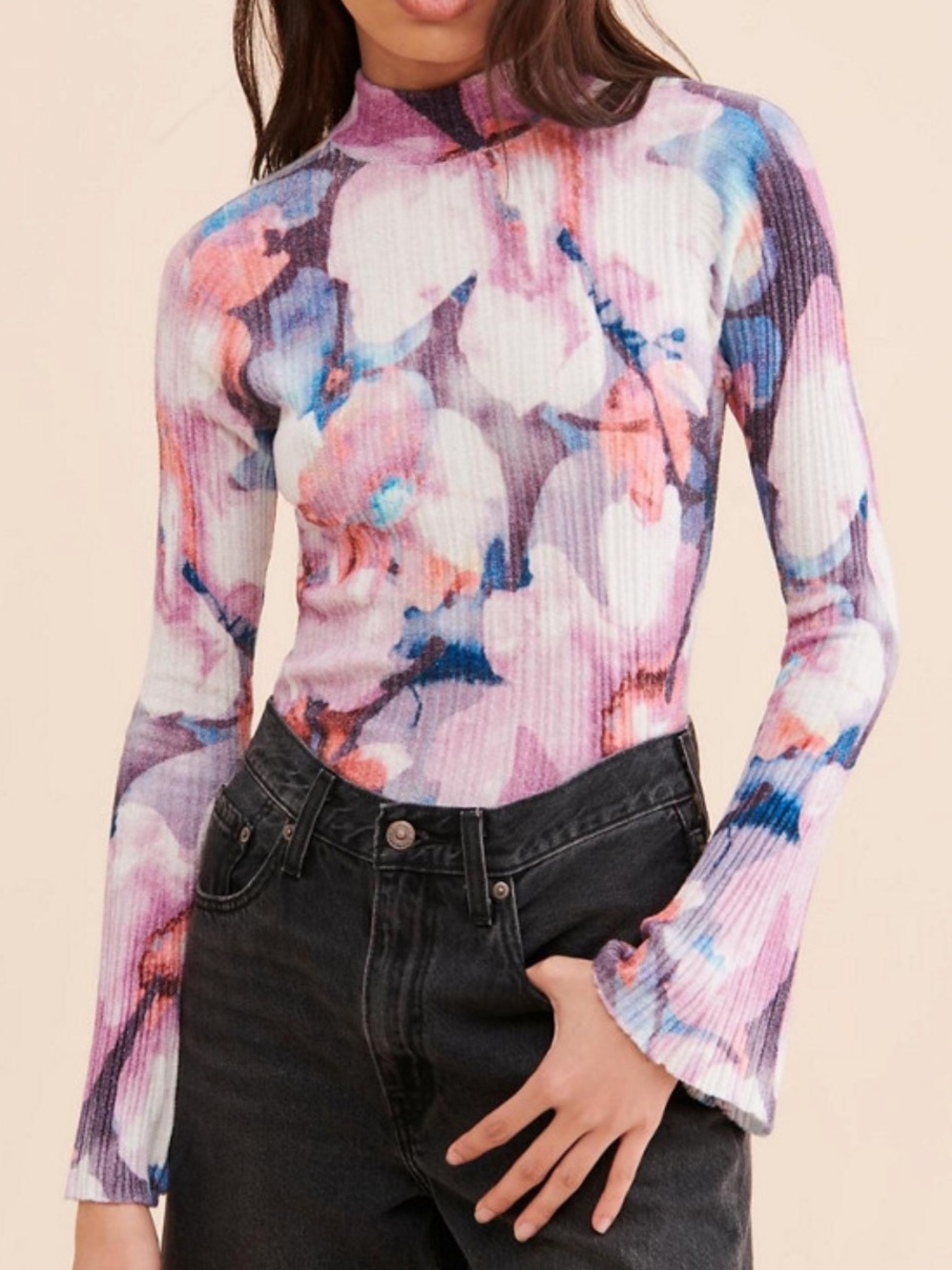Pilcro Floral Velvet Turtleneck in Pink, Blue and White
